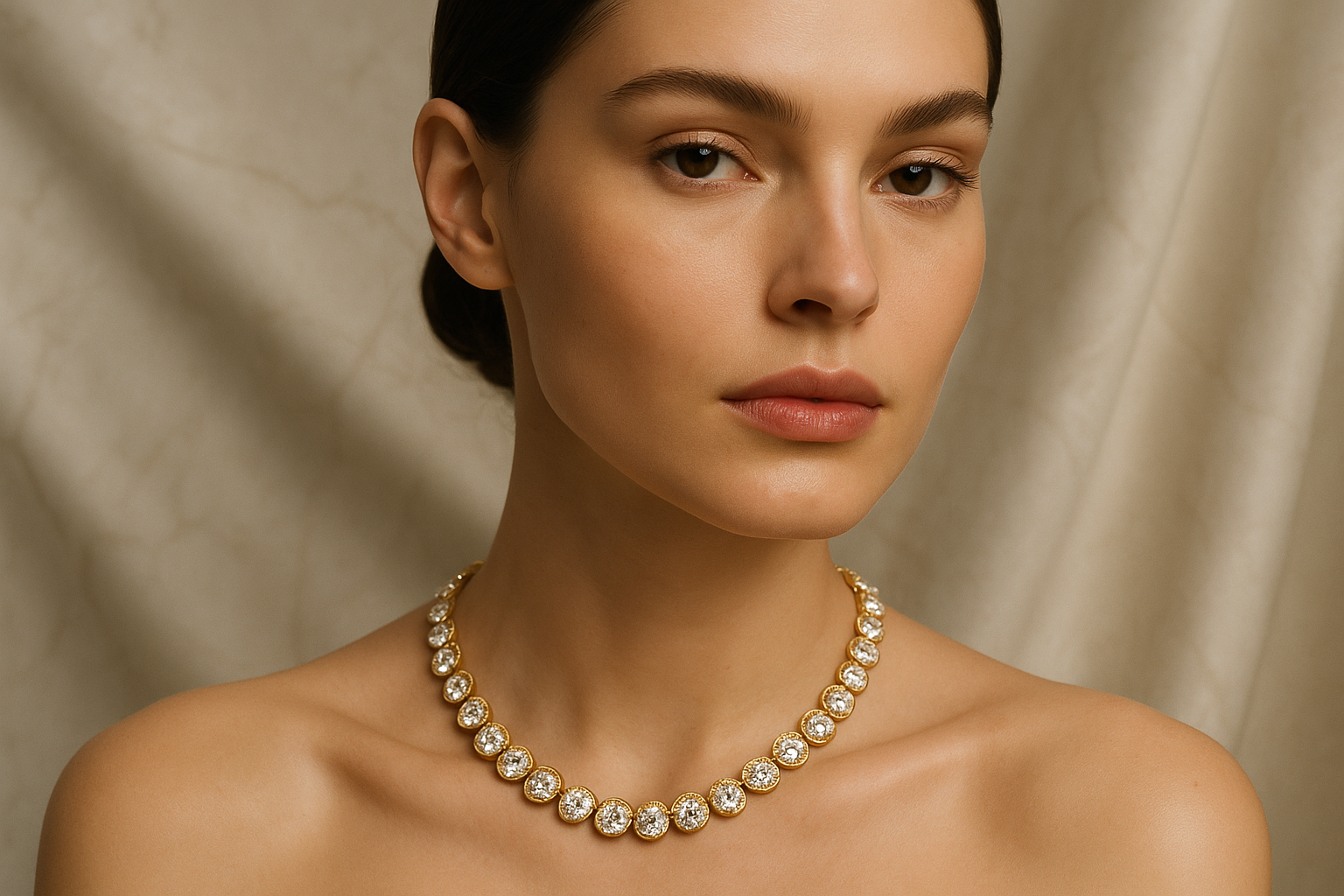 Luxury close-up portrait of an elegant woman wearing a golden necklace with sparkling gemstones, soft lighting, natural skin tones, background in marble or silk, high-end fashion photography, Vogue editorial style, minimalistic and modern, luxury atmosphere.